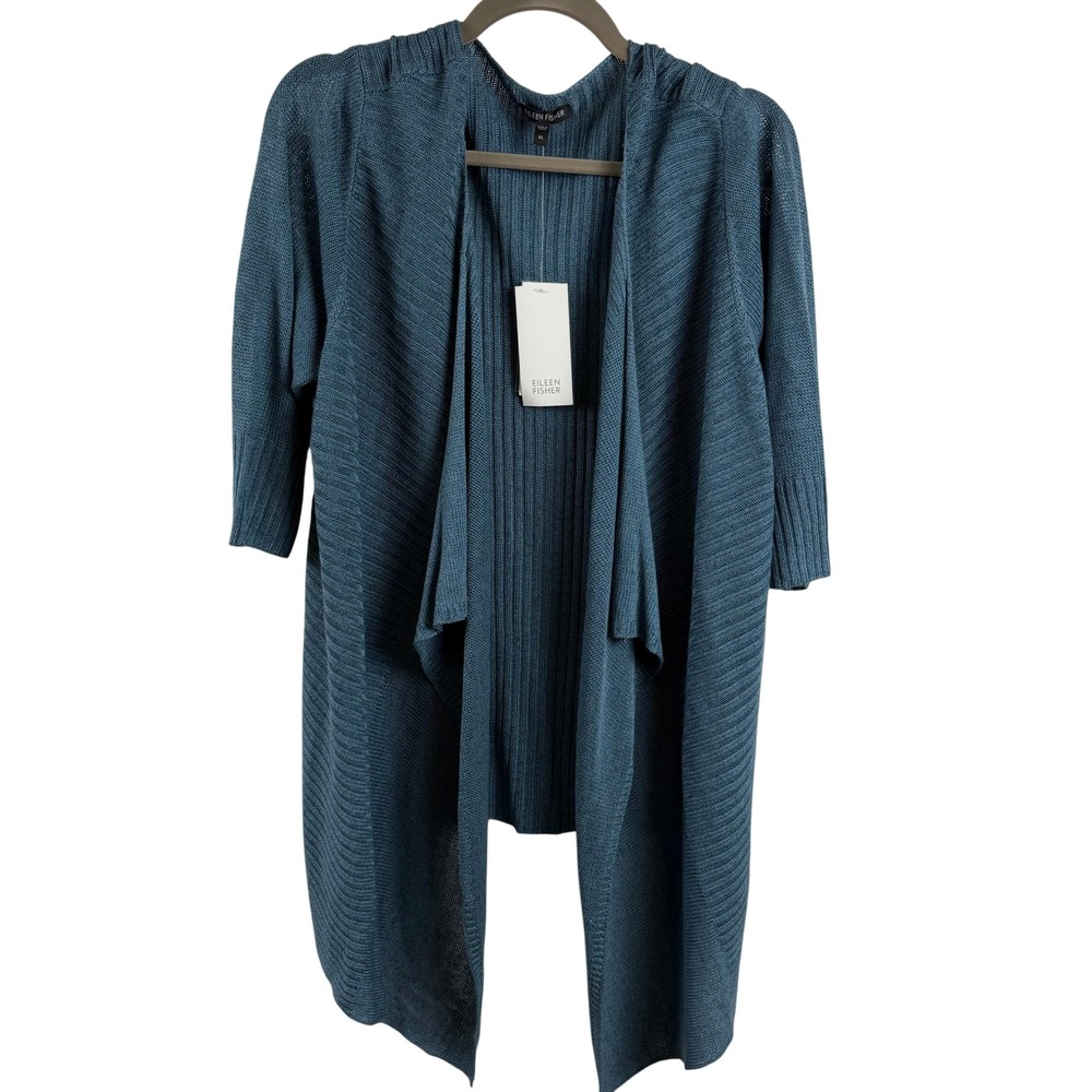 Eileen Fisher Cascading Cardigan XL Teal Blue Linen Silk Knit NEW